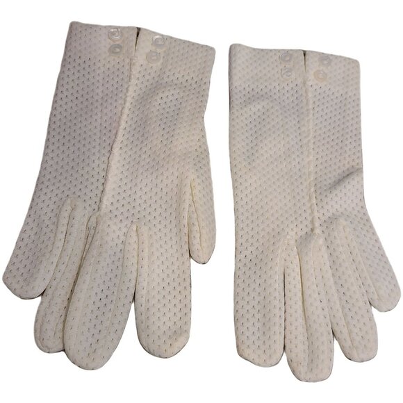 Accessories - Vtg Size S Stretch Nylon Off-White 7.5" Formal Gloves Perforated Stripe Buttons